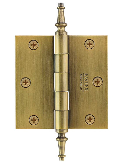 3 1/2 inch Solid-Brass Butt Door Hinge with Decorative Steeple Tips in Antique Brass.